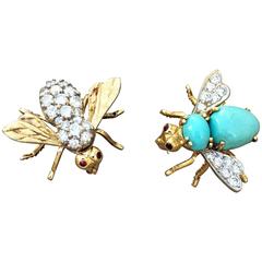Herbert Rosenthal Pair of Turquoise Diamond Gold Insect Brooches 