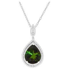 4.13 Carat Green Tourmaline and White Diamond Halo Pendant 14 Karat White Gold