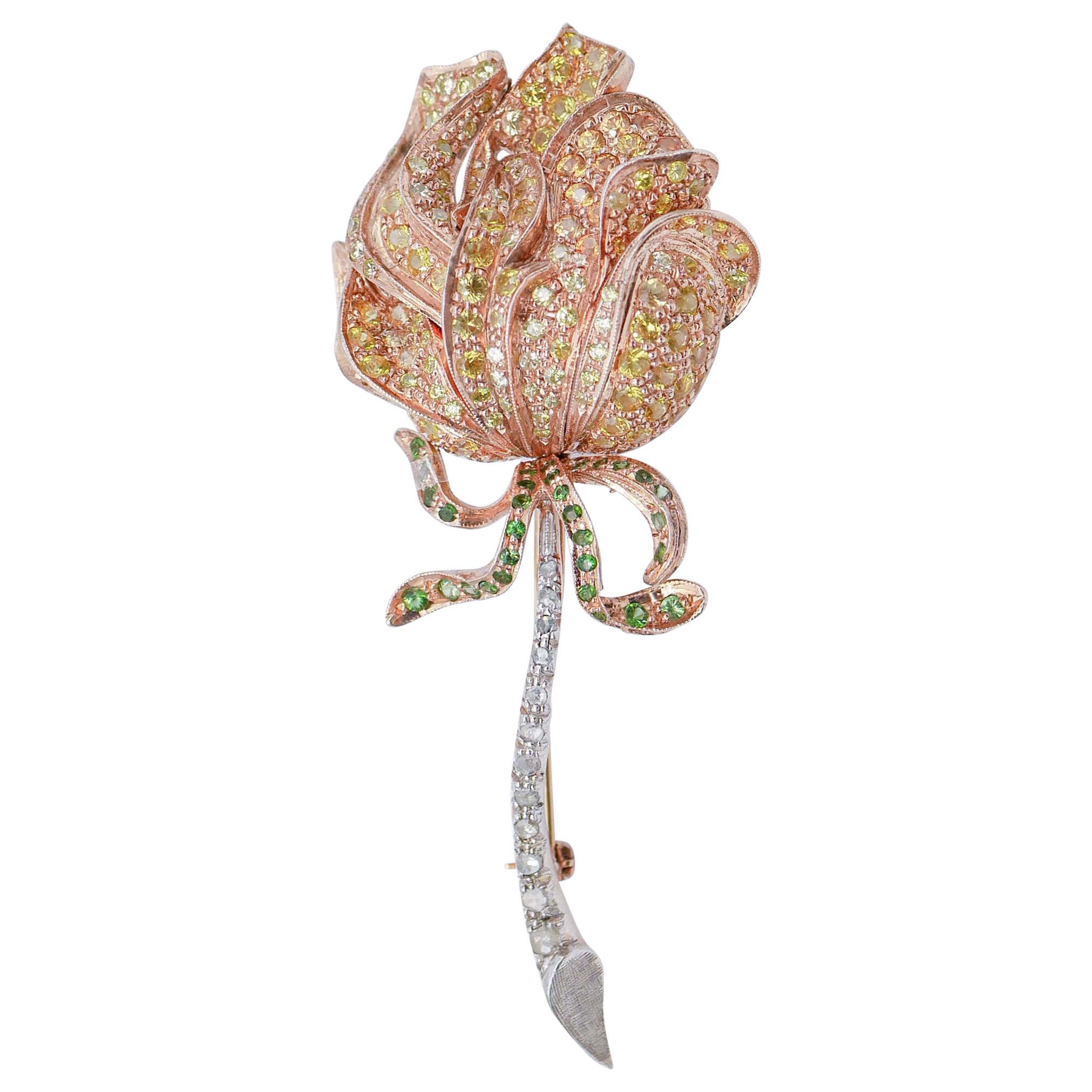 Diamonds, Sapphires, Tsavorite, 14 Karat Rose Gold and Silver Brooch