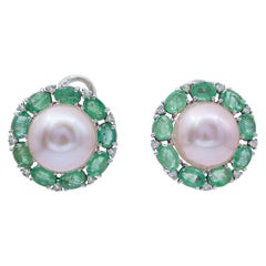 Pearls, Emeralds, Diamonds, 14 Karat White Gold Earrings