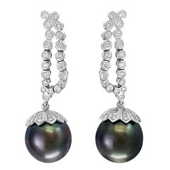 Designer Nini Black Tahitian Cocktail Earrings with Diamonds 18 Karat White Gold