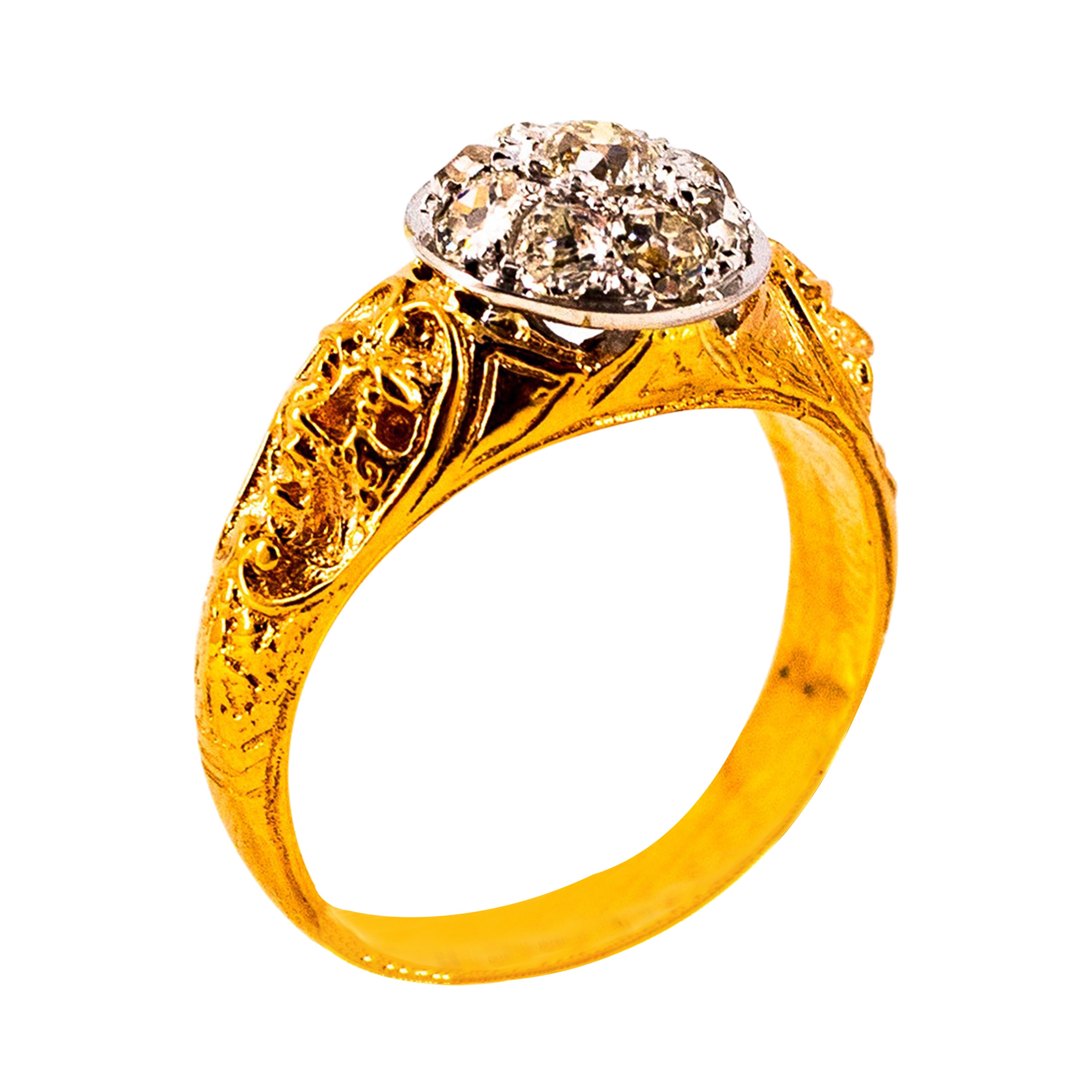 Art Nouveau 0.85 Carat White Old European Cut Diamond Yellow Gold Cocktail Ring For Sale