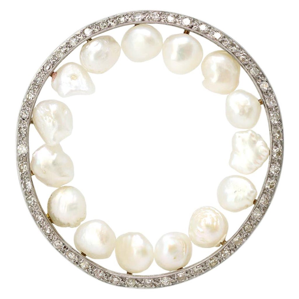 Natural Tennesse Pearls and Single Cut Diamond Brooch in Platinum, circa 1930 For Sale