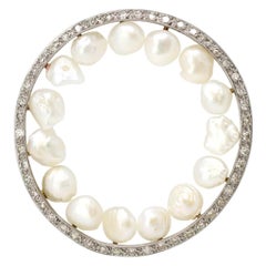 Natural Tennesse Pearls and Single Cut Diamond Brooch in Platinum, circa 1930