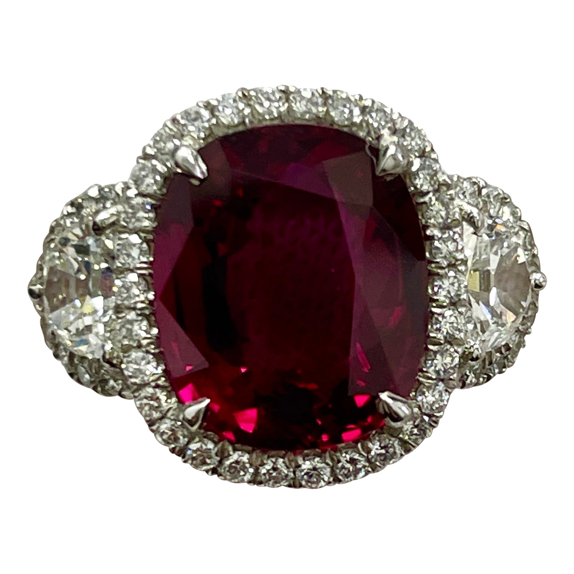 5.34 Carat Cushion Ruby & Diamond Platinum Ring For Sale