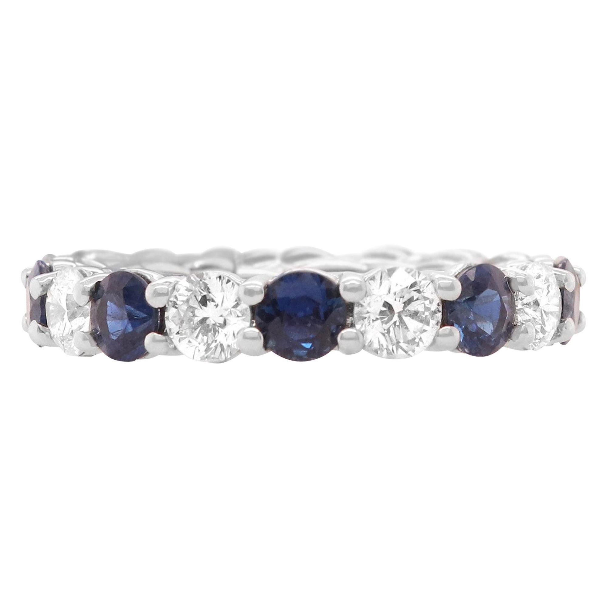 Round Blue Sapphire Diamond Eternity Band Ring 18K White Gold For Sale