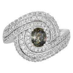0.85 Carat Oval Alexandrite and Round White Diamond Cocktail Ring 14K White Gold
