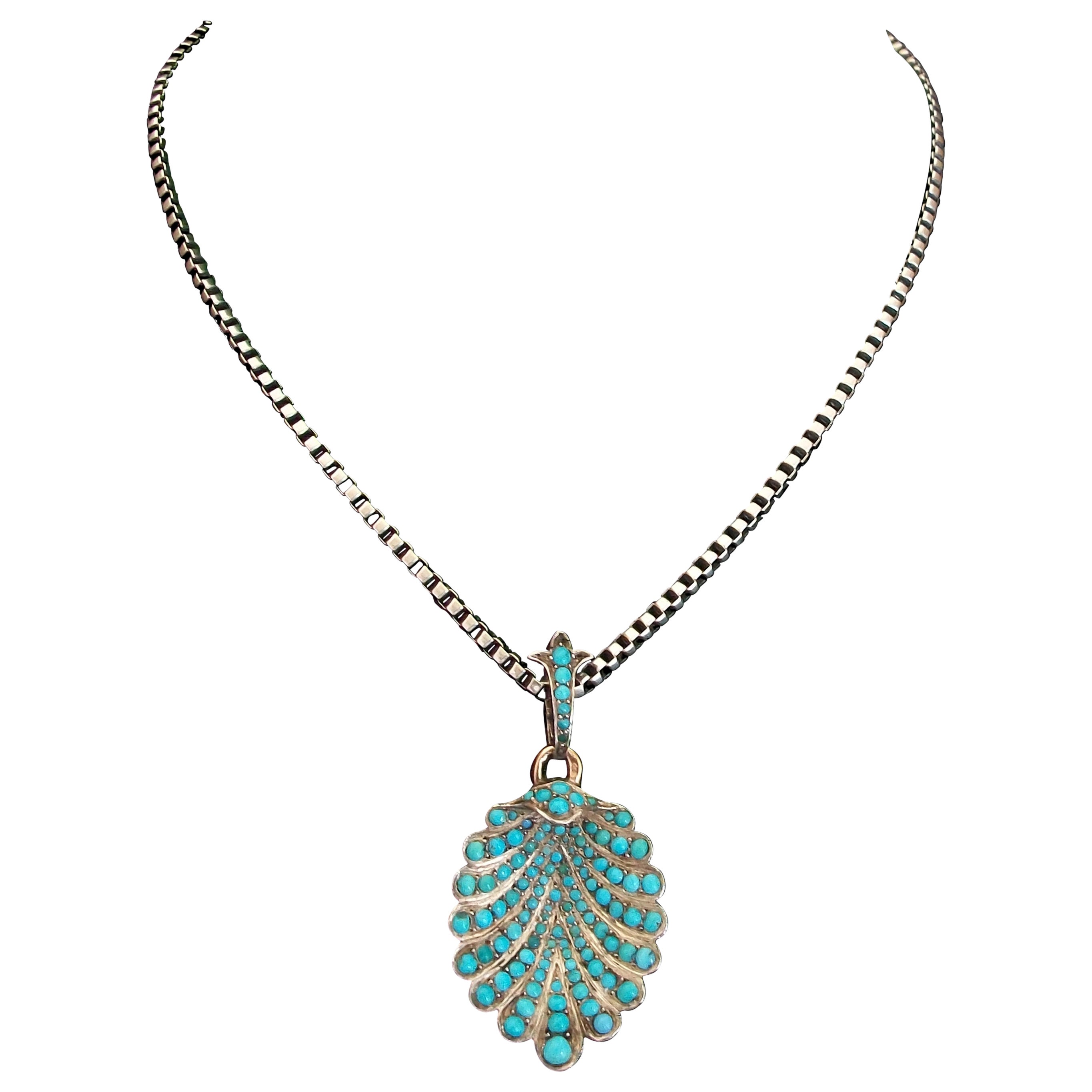 Napoleon III Pavé Set Turquoise Scallop Shell Pendant Necklace, France, C.1860