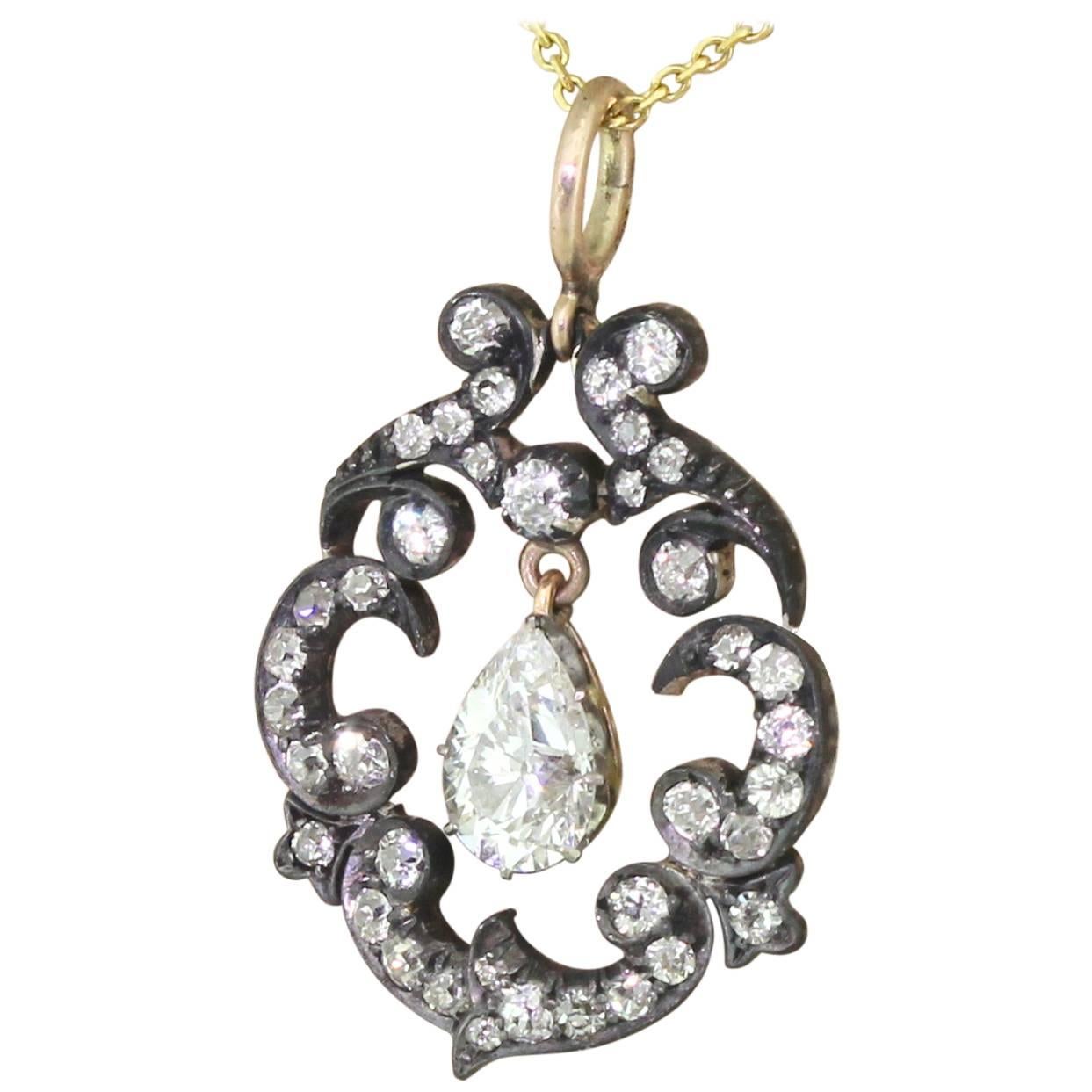 Victorian 3.48 Carat Old Cut Diamond Pear Drop Pendant For Sale