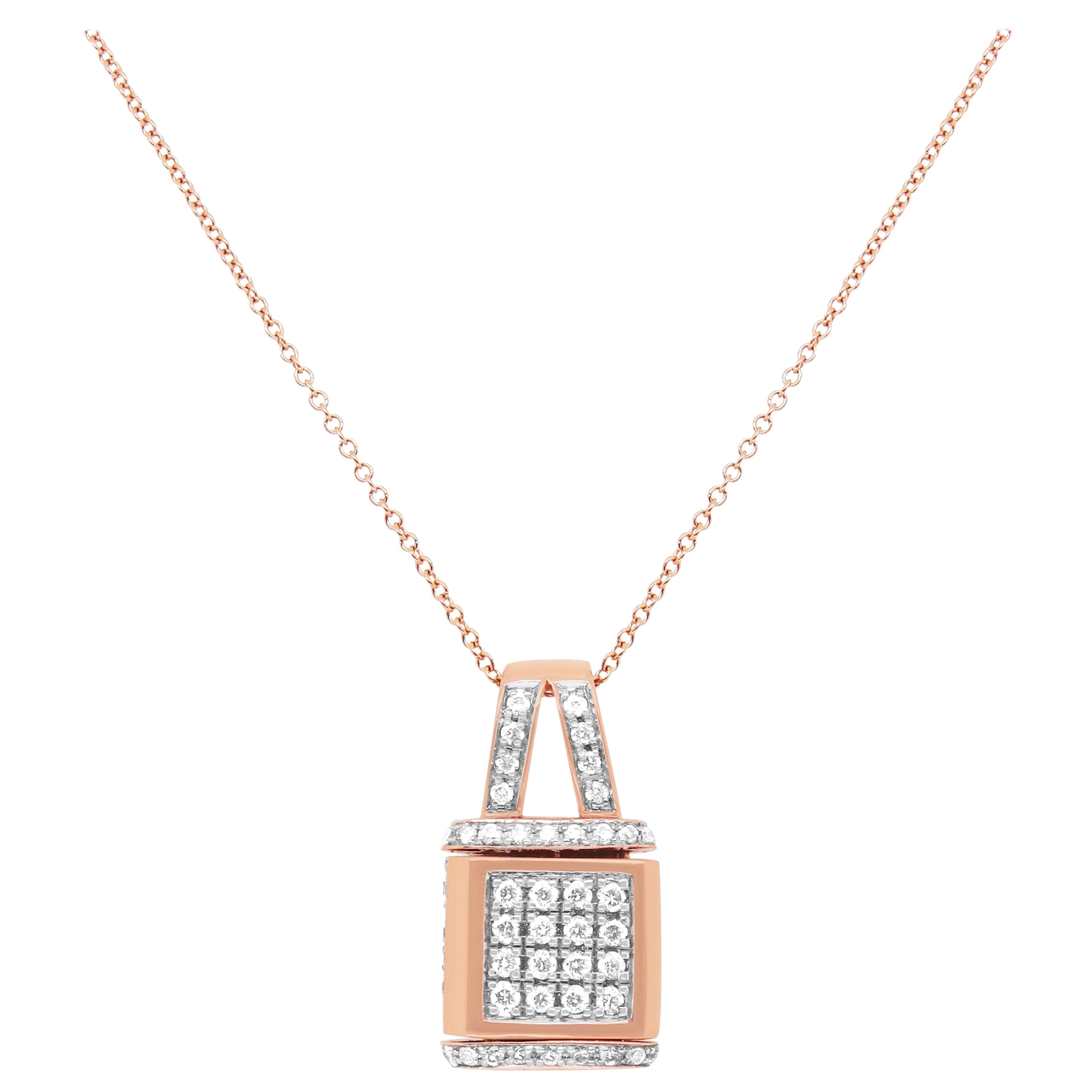 Reversible Round Cognac and White Diamond Fashion Pendant Necklace 14K Rose Gold For Sale
