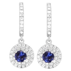 Round Blue Sapphire Diamond Dangle Drop Double Halo Earrings 14K White Gold