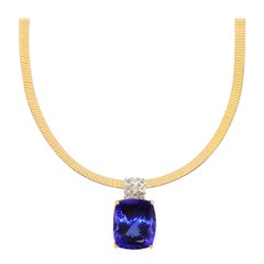 Cushion Cut Tanzanite White Diamond Pendant Omega Necklace 14K Yellow White Gold