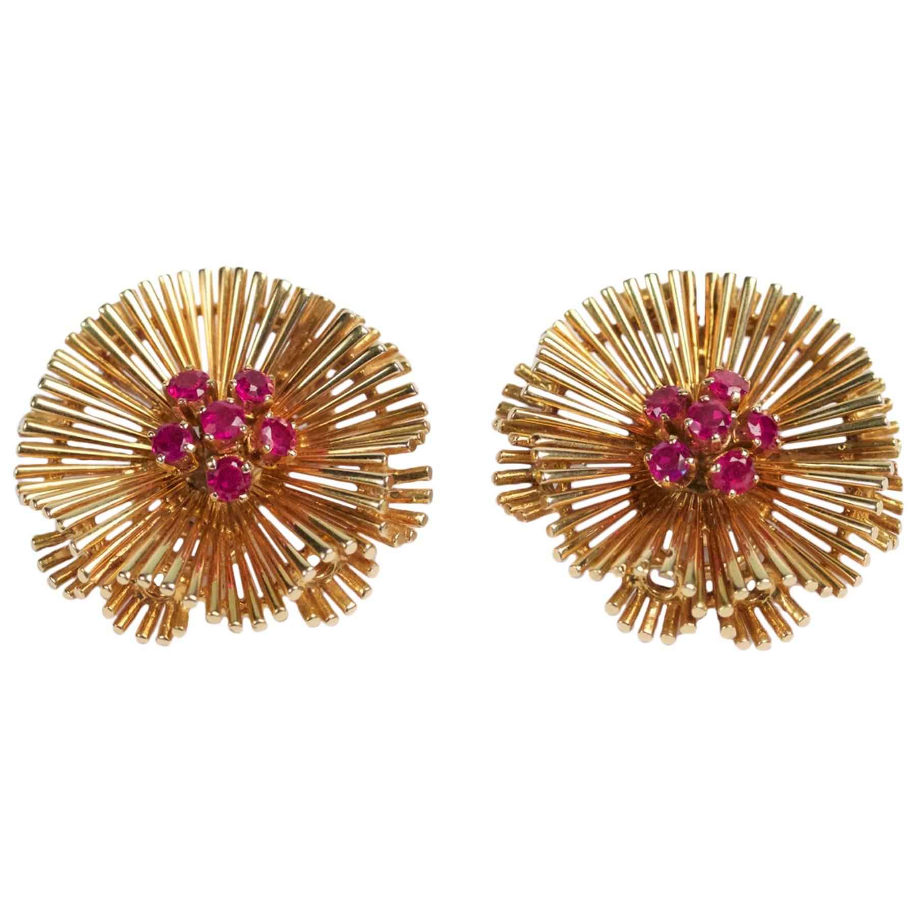 1950s Ruby Gold Earrings For Sale