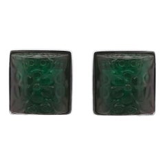 26.08 Carat Cushion Cut Carved Emerald Men's Cufflinks 14 Karat White Gold
