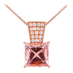 16.07ct Princess Cut Pink Morganite and Diamond Pendant Necklace 14K Rose Gold