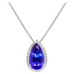 20.34 Ct Pear Shape Tanzanite Diamond Halo Necklace Pendant Fancy Chain 18K Gold