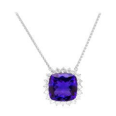 40.56 Carat Cushion Cut Tanzanite Diamond Halo Pendant Necklace 18 Karat Gold
