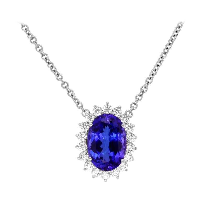 Blue  Tanzanite & Baguette Diamond Halo Set 18K White Gold Pendant Necklace