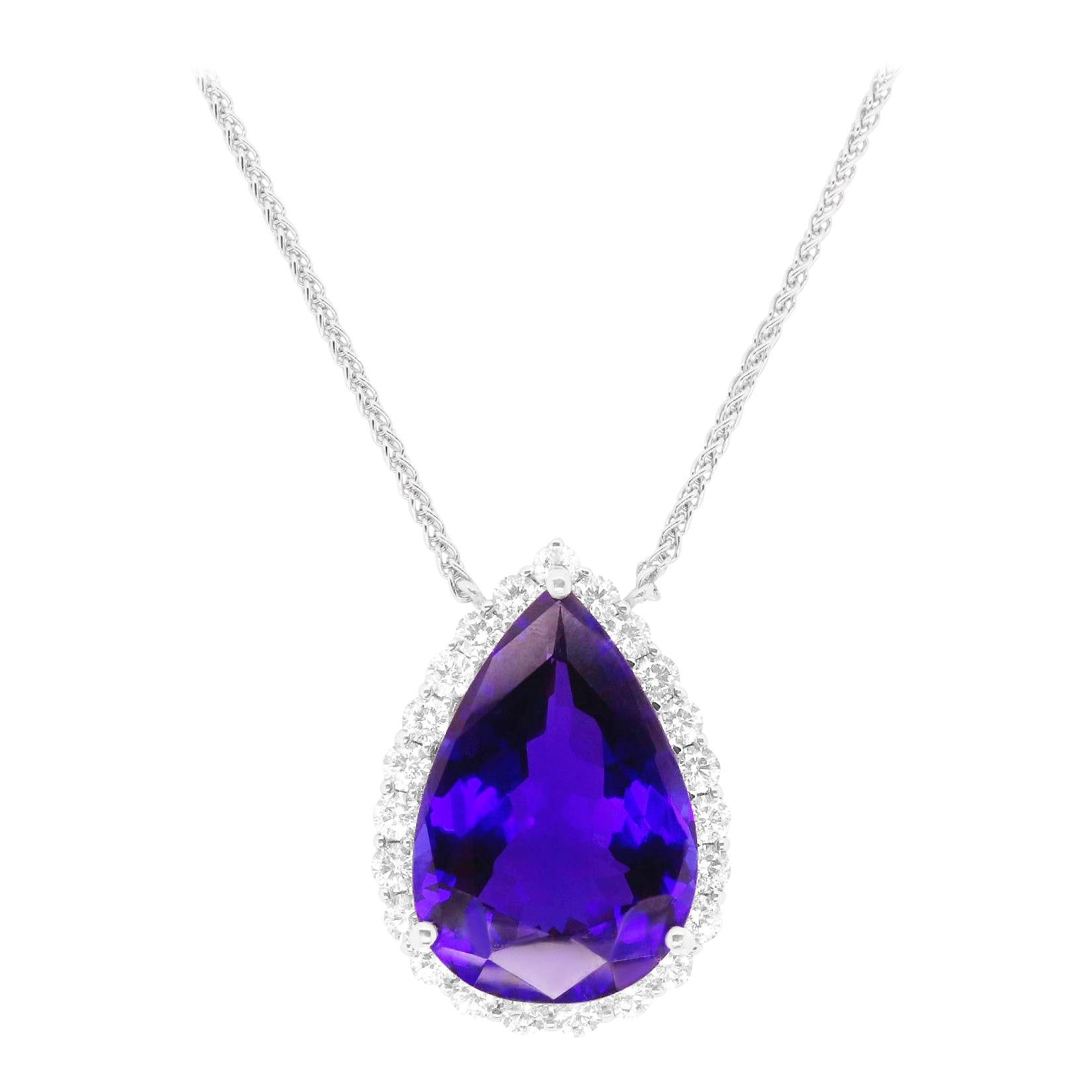 28.78 Carat Pear Shape Tanzanite Diamond Halo Pendant Necklace 18K White Gold For Sale