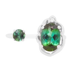 1.16 Ct Oval and Round Green Tourmaline Diamond Toi-et-moi Ring 14K White Gold