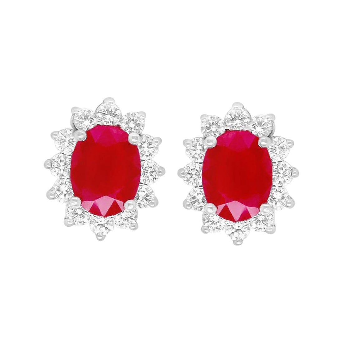 2.75 Carat Oval Ruby and Diamond Halo Stud Earrings 14K White Gold