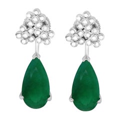6.97 Carat Pear Emerald and Round Diamond Drop Fashion Earrings 14K White Gold
