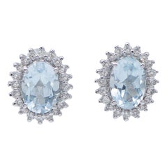 Aquamarine, Diamonds, 18 Karat White Gold Stud Earrings