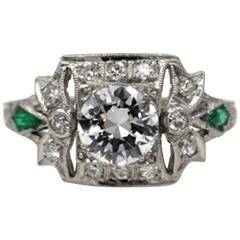 Art Deco Diamond Emerald Platinum Engagement Ring