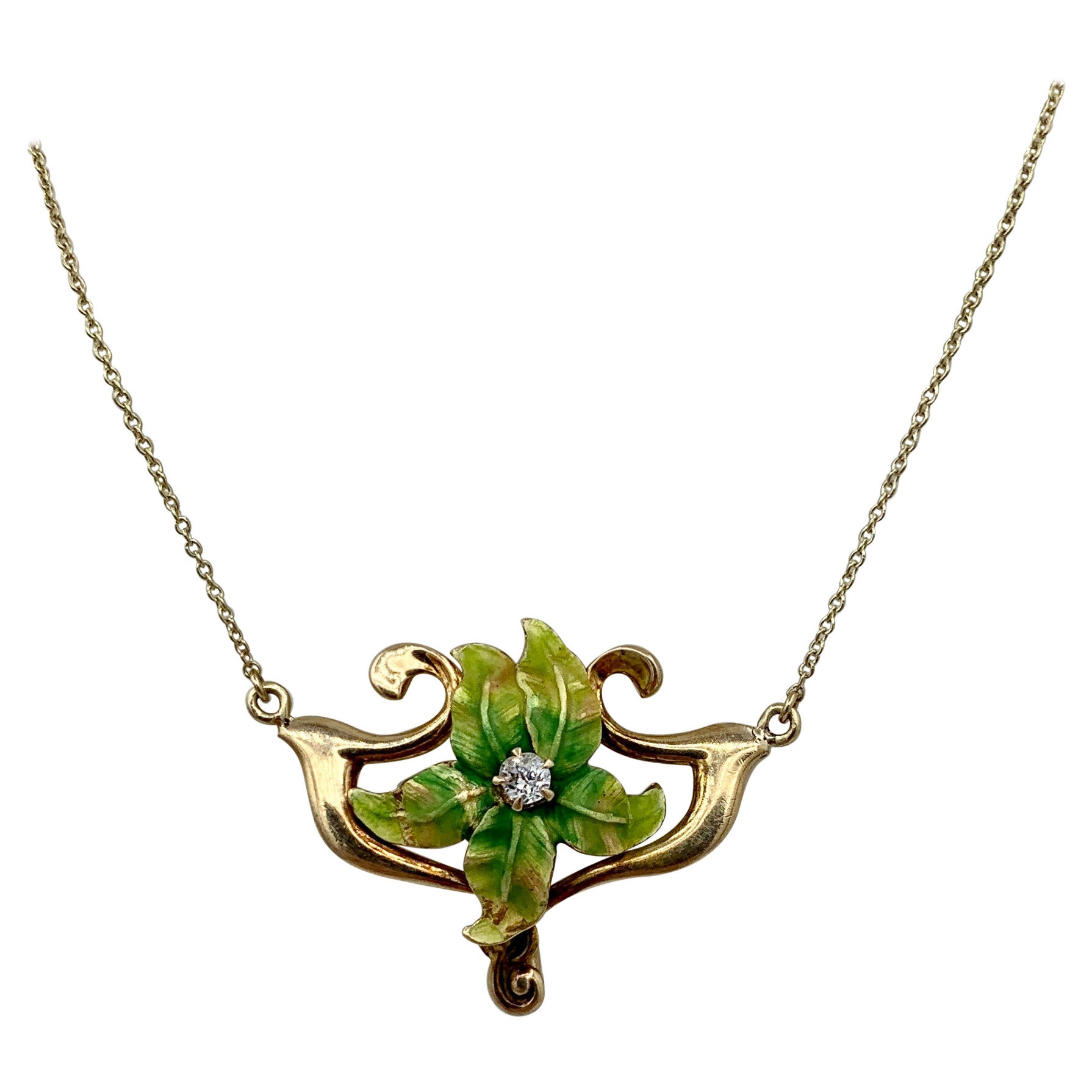 Collier ancien Art Nouveau fleur d'orchidée en or 14 carats avec diamants et émail OMC