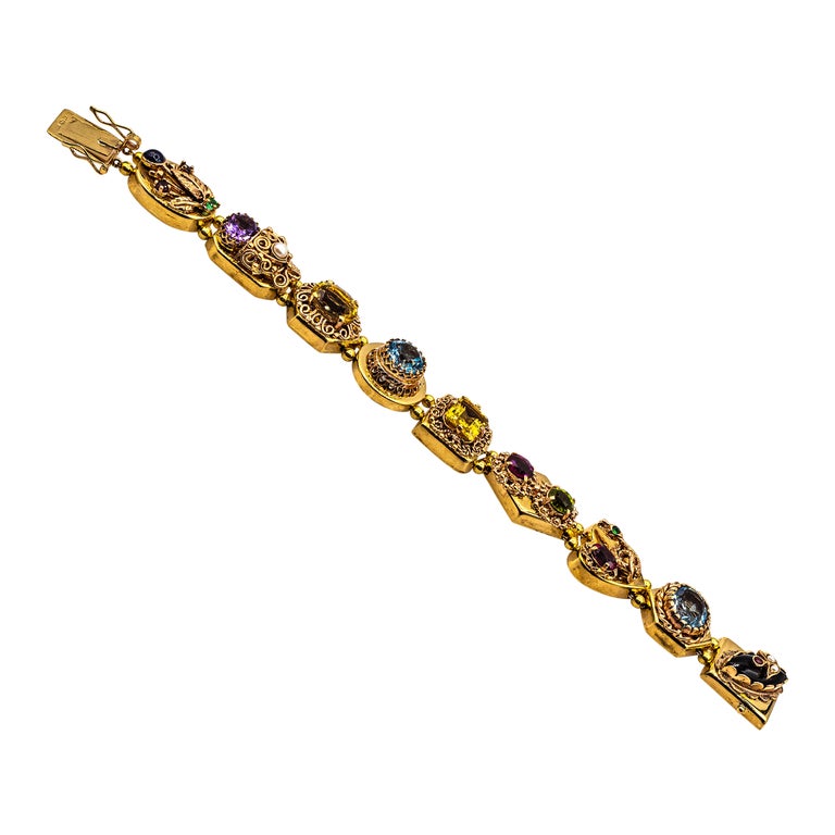 Art Nouveau Ruby Blue Sapphire Emerald Peridot Citrine Onyx Yellow Gold Bracelet For Sale