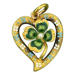 Four Leaf Clover Heart Flower Enamel Pendant Necklace Victorian Good Luck 14K