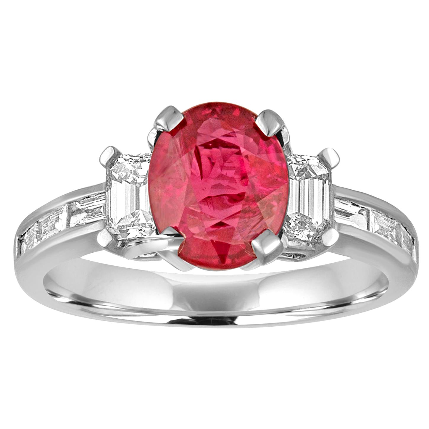 Certified No Heat 2.01 Carat Oval Ruby Diamond Three-Stone Gold Ring For Sale