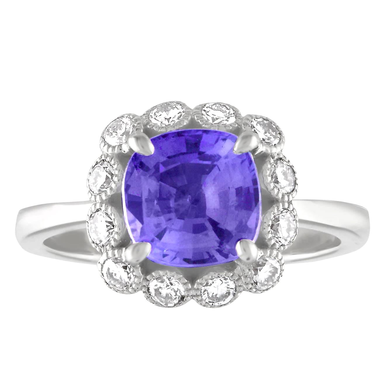 AGL Certified 2.59 Carat No Heat Violet Blue Sapphire Diamond Gold Ring For Sale