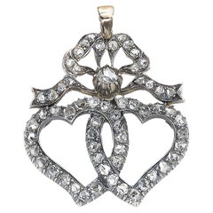 Victorian Diamond Double Heart and Bow Luckenbooth Silver Upon Gold Pendant