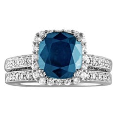 Certified No Heat 4.22 Carat Cushion Blue Sapphire Diamond Gold Ring & Band Set