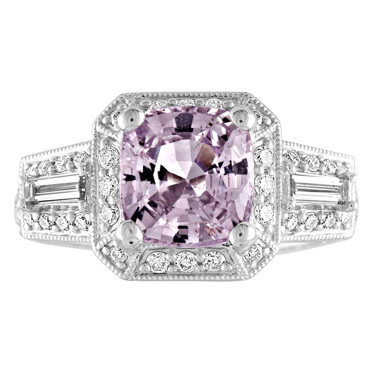 AGL Certified 2.63 Carat No Heat Grayish Purple Sapphire Diamond Gold Ring