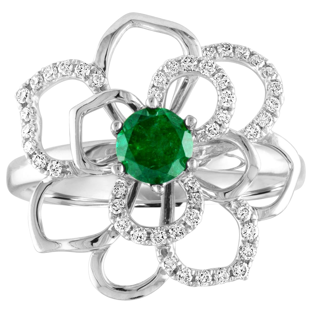 0.44 Carat Round Emerald Diamond Gold Flower Ring For Sale