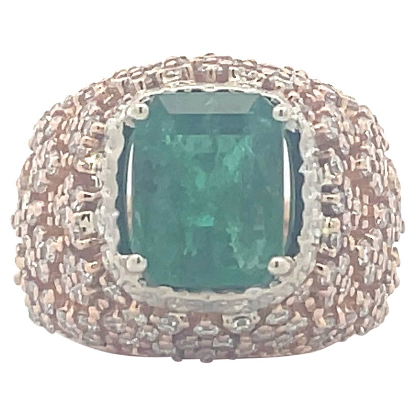 3.18 Ct. Emerald Diamond Cluster Hollow Cocktail Statement Ring in 14K Gold