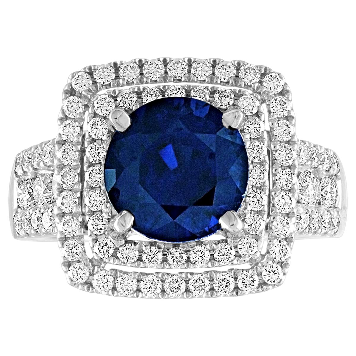 3.49 Carat Round Cut Blue Sapphire Diamond Gold Ring