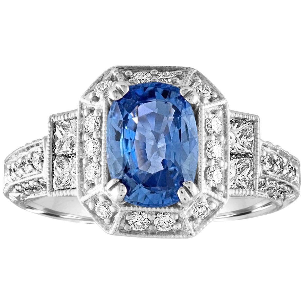 1.74 Carat Blue Sapphire Oval Diamond Gold Milgrain Filigree Ring For Sale