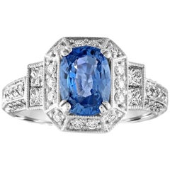 1,74 Karat Blauer Saphir Oval Diamant Gold Milgrain Filigraner Ring
