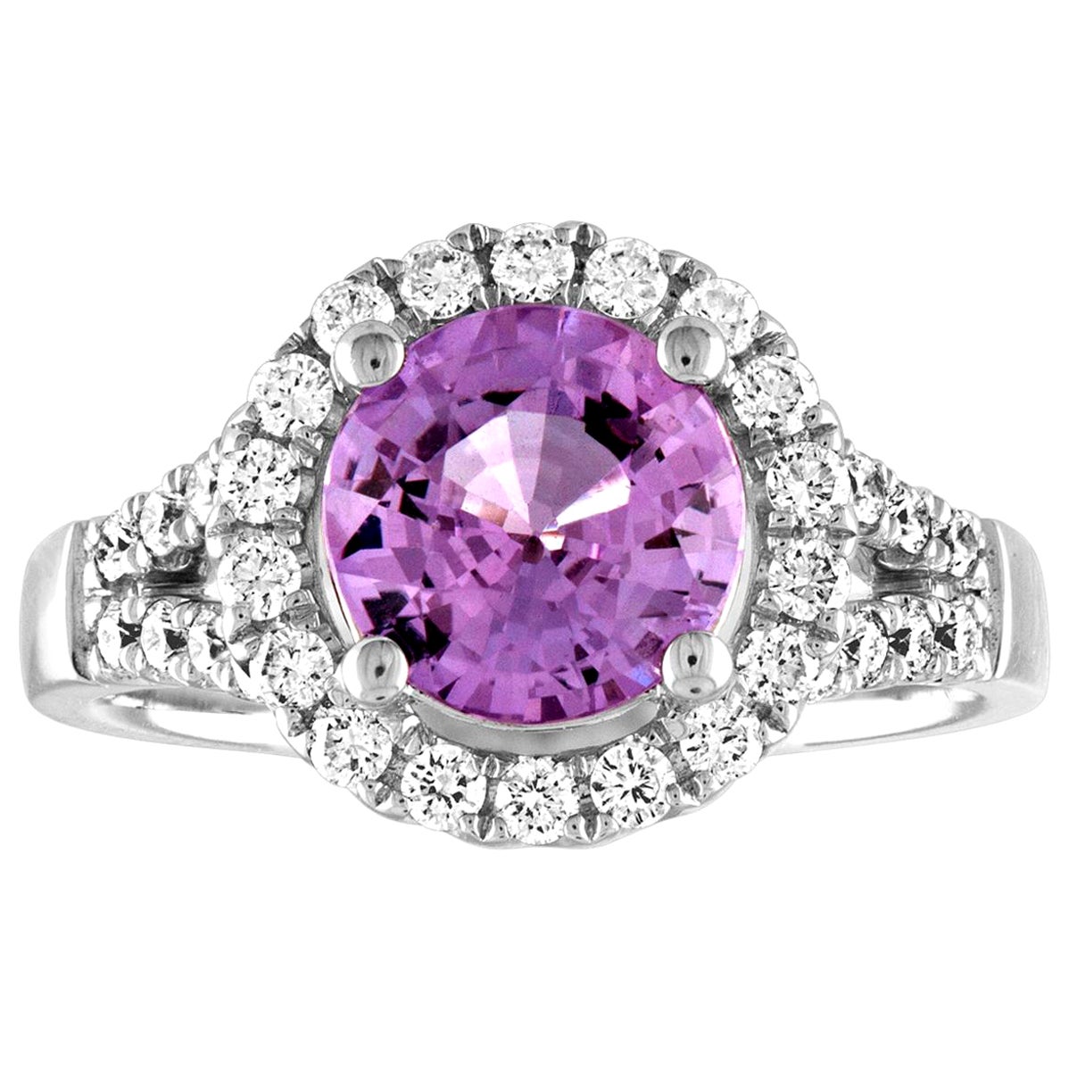 Certified No Heat 2.18 Carat Round Pink Sapphire Diamond Gold Ring For Sale
