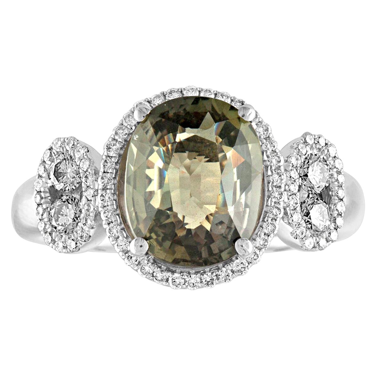 Certified 3.12 Carat No Heat Oval Greenish Yellow Sapphire Diamond Gold Ring For Sale