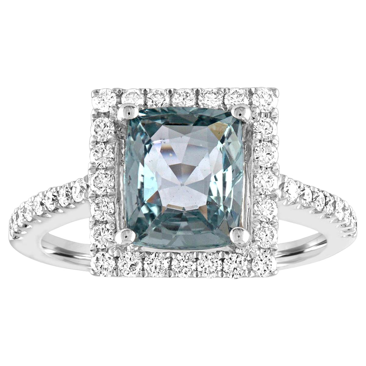 AGL Certified 2.52 Carat Cushion Grayish Green-Blue Sapphire Diamond Gold Ring For Sale