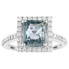 AGL Certified 2.52 Carat Cushion Grayish Green-Blue Sapphire Diamond Gold Ring