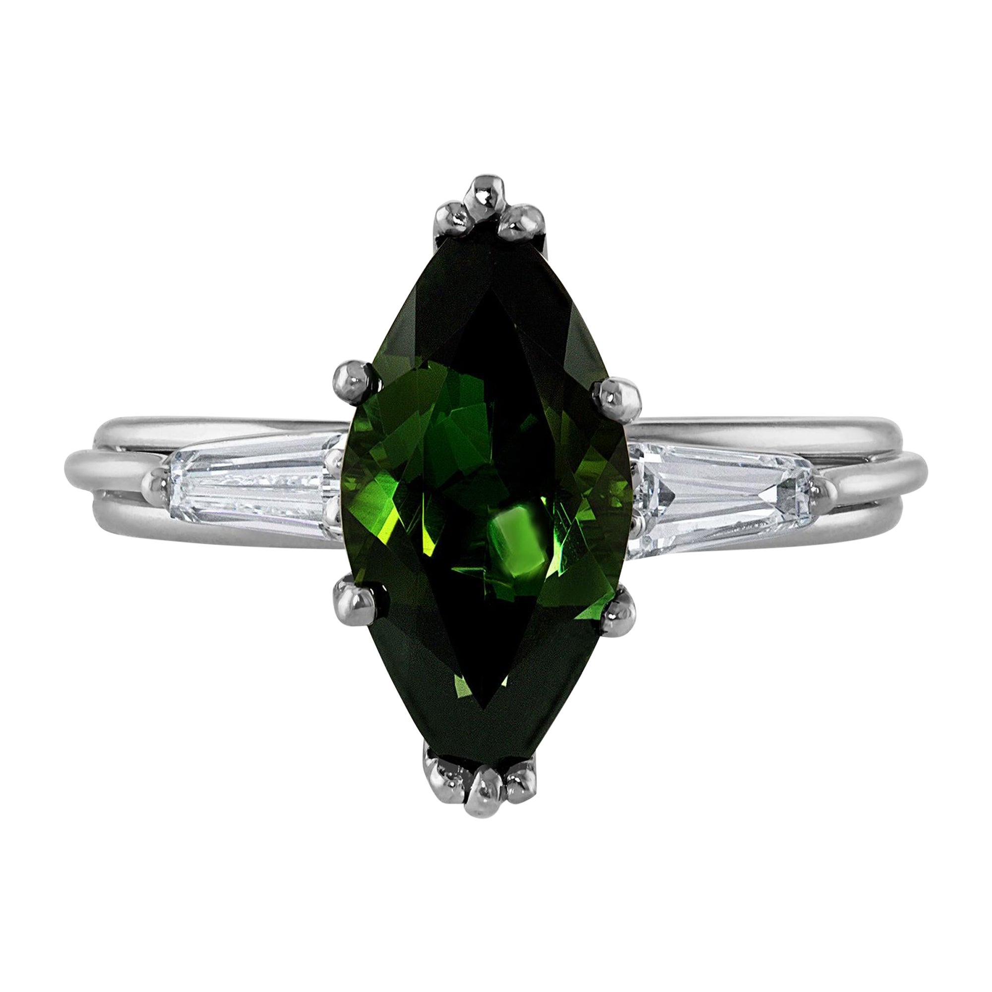 Art Deco GIA 3.24Carat Green Tourmaline Diamond Engagement Wedding Platinum Ring For Sale