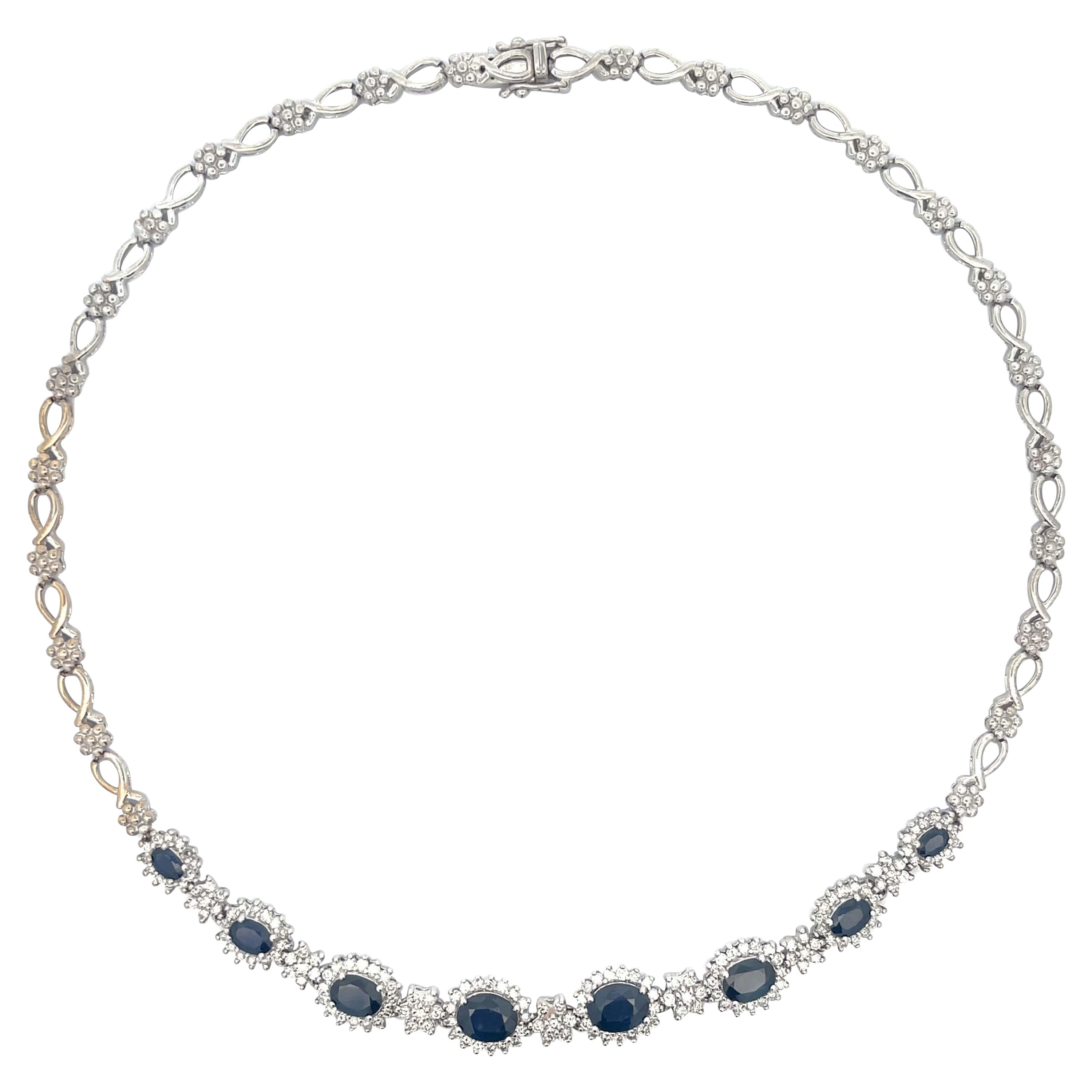 Blue Sapphire & Diamond Necklace in 18k White Gold For Sale