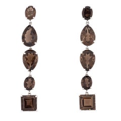 Retro Mixed Cut Smoky Quartz Drop Earrings Estate 14k White Gold Drops Jewelry