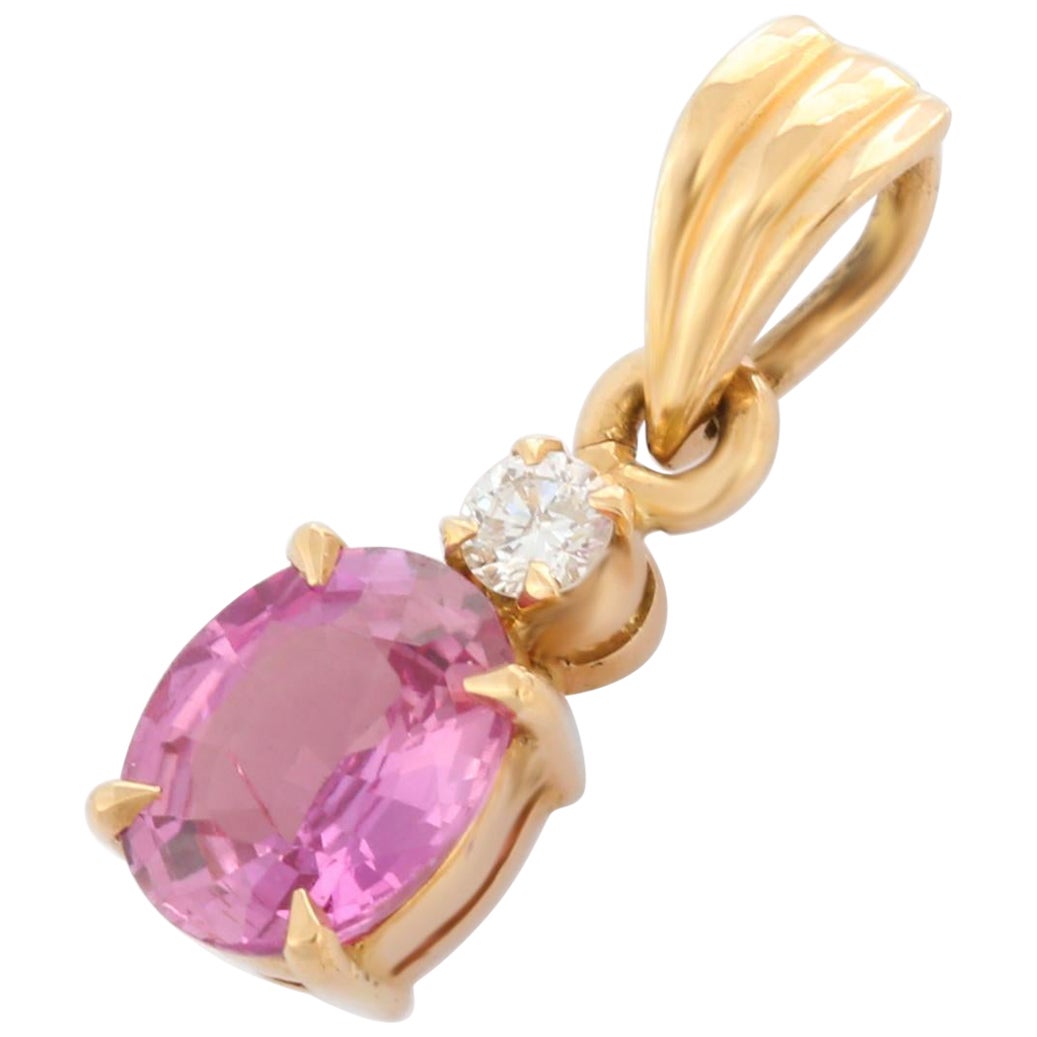 Pendentif minimaliste en or jaune 18 carats avec saphir rose ovale de 1,29 carat et diamants en vente