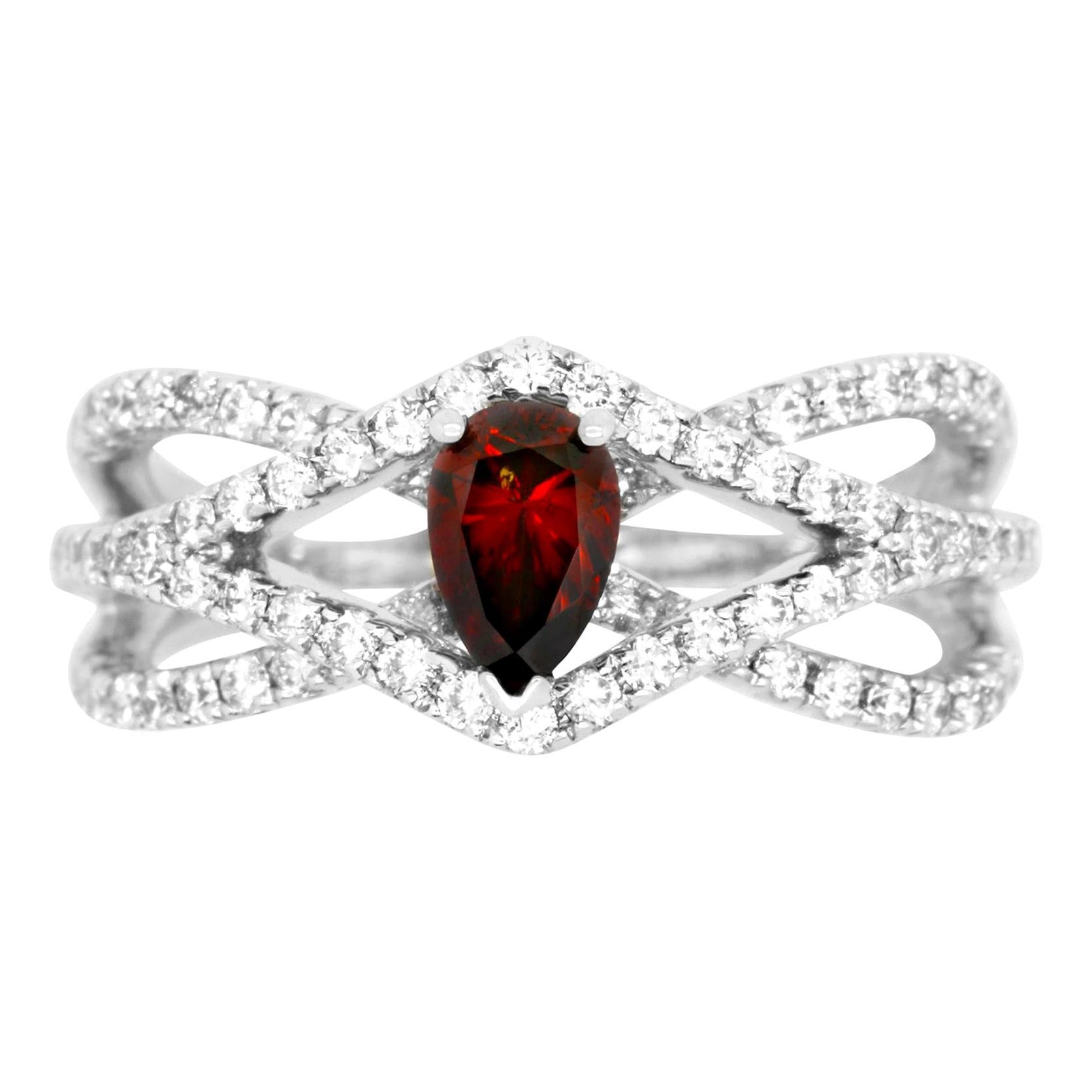 Pear Shape Red White Diamond Geometric Triple Criss Cross Fashion Band 14K Ring For Sale
